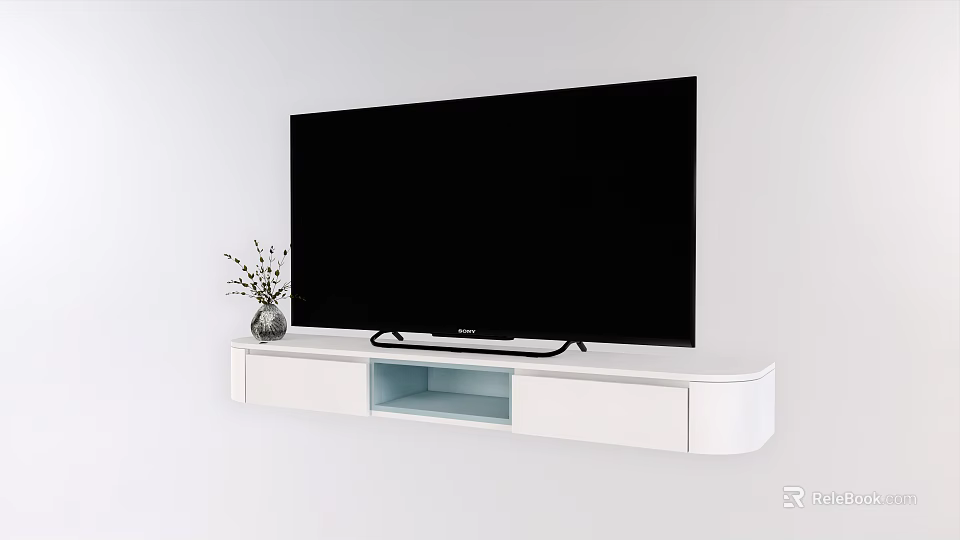 Modern White TV Stand with Large Flat TV Blue Compartment and Dried Flower Vase 3d model 