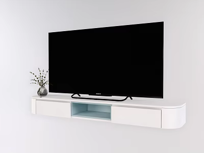 Modern White TV Stand with Large Flat TV Blue Compartment and Dried Flower Vase 3d model