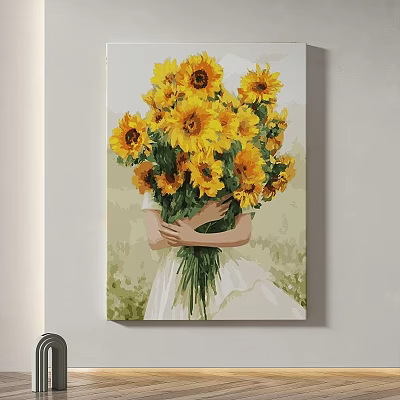 Oil Painting of Person Holding Sunflowers in White Dress with Green Background 3d model