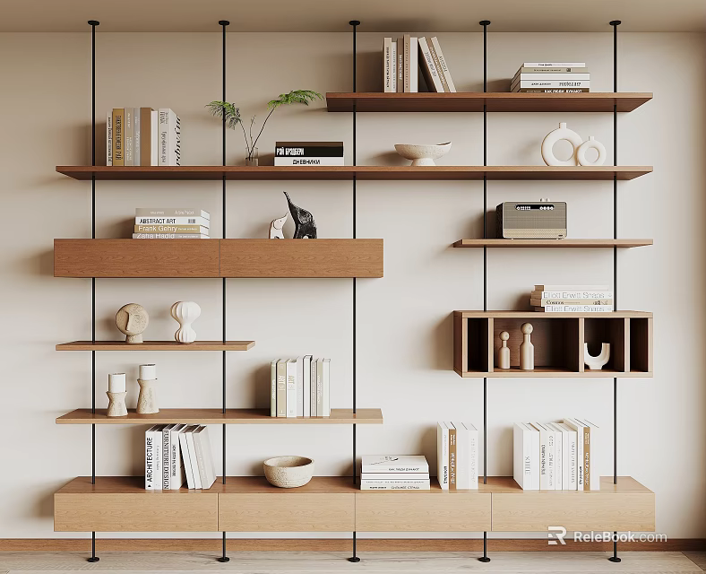 Multi layer Wooden Shelf In Home Living Room With Books Decorations And Ornaments 3d model 