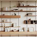 Multi layer Wooden Shelf In Home Living Room With Books Decorations And Ornaments