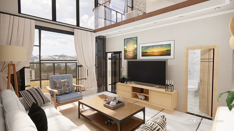 Modern Apartment Living Room With Large Windows Mountain View Sofa Coffee Table And Wall Paintings 3d model 
