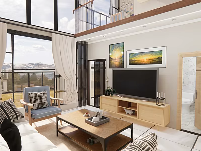 Modern Apartment Living Room With Large Windows Mountain View Sofa Coffee Table And Wall Paintings 3d model