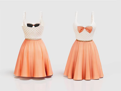White Top Orange Skirt Bow Detail A Line Dresses For Women Summer Style 3d model