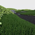 Garden Landscape Design With Wavy Gray Paths Green Grid Areas And Black Stones