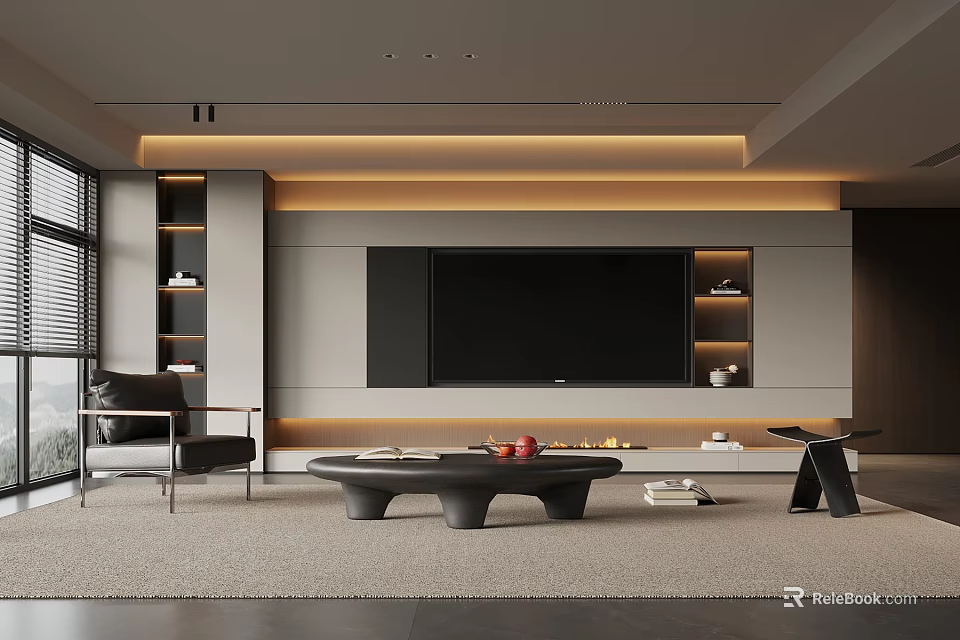 Modern Living Room Interior With TV Wall Sofa Coffee Table And Floor To Ceiling Windows 3d model 