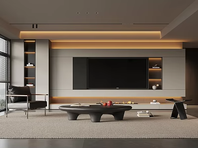 Modern Living Room Interior With TV Wall Sofa Coffee Table And Floor To Ceiling Windows 3d model