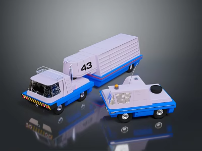 Blue And White Toy Cars With Large Truck Number 43 Small Vehicle Reflective Surface 3d model