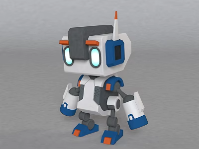 Cute Q Version Game Animation Robot Character With Big Glowing Eyes White Blue Gray Orange 3d model