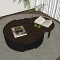 Round Coffee Table With Wooden Top Black Frame Open Book Green Apples Glass Vase On Gray Rug