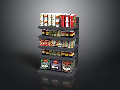 Organized Food Shelf Display With Canned Goods Bottled Condiments And Boxed Foods 3d model