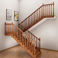 Elegant Indoor Wooden Staircase With Handrail And Decorative Paintings On Wall