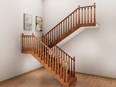 Elegant Indoor Wooden Staircase With Handrail And Decorative Paintings On Wall 3d model