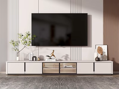 Modern White TV Stand with TV Decorative Plant Ornaments and Picture Frame 3d model