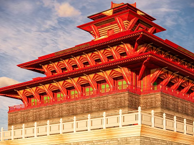 Ancient Architecture Red Multi Tiered Tower With Traditional Eaves Wooden Brackets And White Railings 3d model