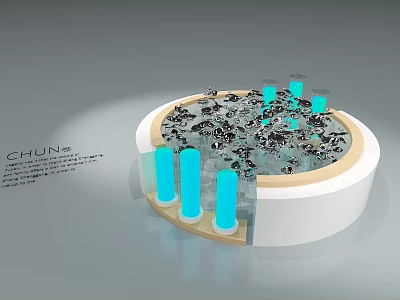 Elegant Circular Modern Showcase Shelf With Blue Pillars And Display Items 3d model