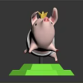 Cute 3D Pig Model With Golden Crown On Green Polygonal Base