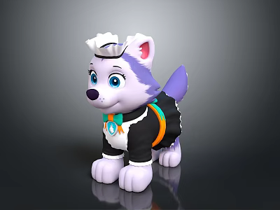 Cartoon Husky Puppy With White Purple Fur Crown Headpiece Black Outfit And Orange Green Decorations 3d model