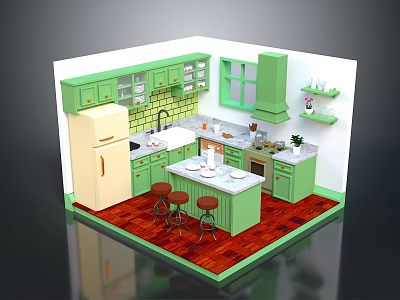 Green Kitchen Interior With White Countertop Island Refrigerator Red Wooden Floor And Cabinets 3d model