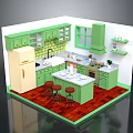 Green Kitchen Interior With White Countertop Island Refrigerator Red Wooden Floor And Cabinets