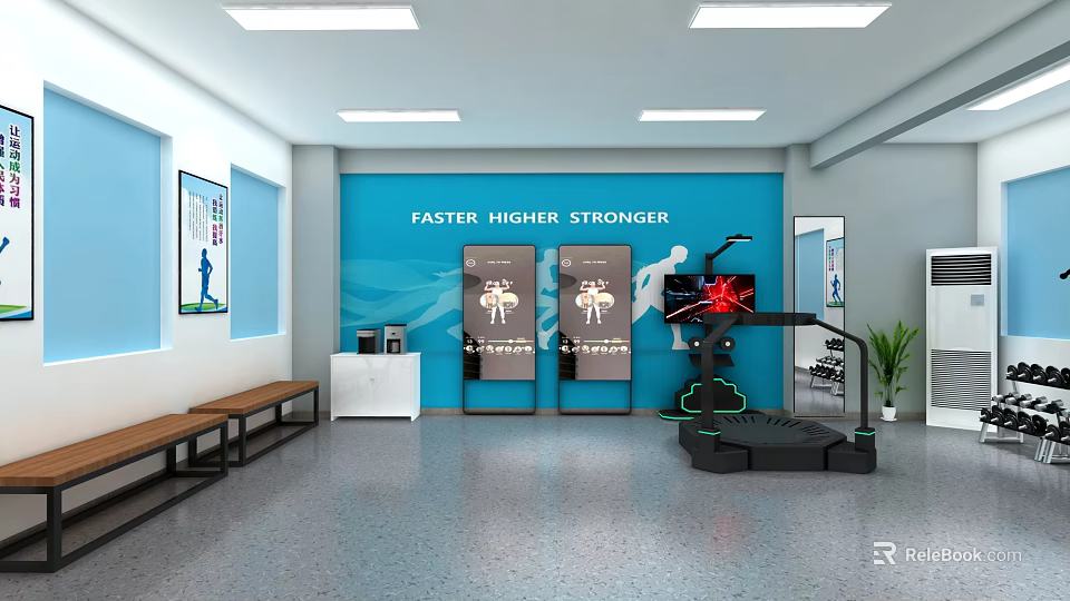 Fitness Room Interior With Blue Wall Faster Higher Stronger Slogan Display Screens And Treadmill 3d model 
