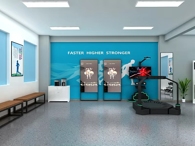 Fitness Room Interior With Blue Wall Faster Higher Stronger Slogan Display Screens And Treadmill 3d model