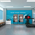 Fitness Room Interior With Blue Wall Faster Higher Stronger Slogan Display Screens And Treadmill