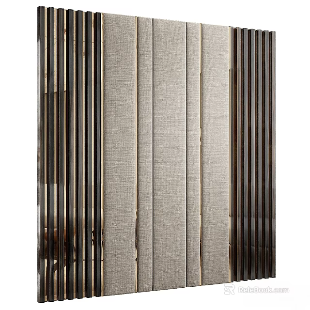Modern Bedroom Accent Wall With Vertical Metal Strips And Textured Fabric Panel 3d model 