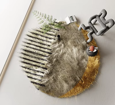 Stylish Round Rug With Plush Striped Design And Gold Edge Accent For Modern Home Decor 3d model