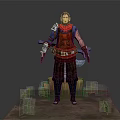 Fantasy Warrior Character With Red Tunic Brown Pants And Double Axes On Wooden Platform Grass