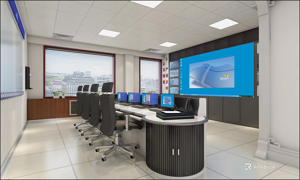 Modern Monitoring Room Interior Design With Large Screen Multiple Monitors Control Console And Office Chairs 3d model 
