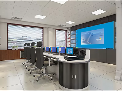 Modern Monitoring Room Interior Design With Large Screen Multiple Monitors Control Console And Office Chairs 3d model