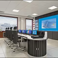 Modern Monitoring Room Interior Design With Large Screen Multiple Monitors Control Console And Office Chairs