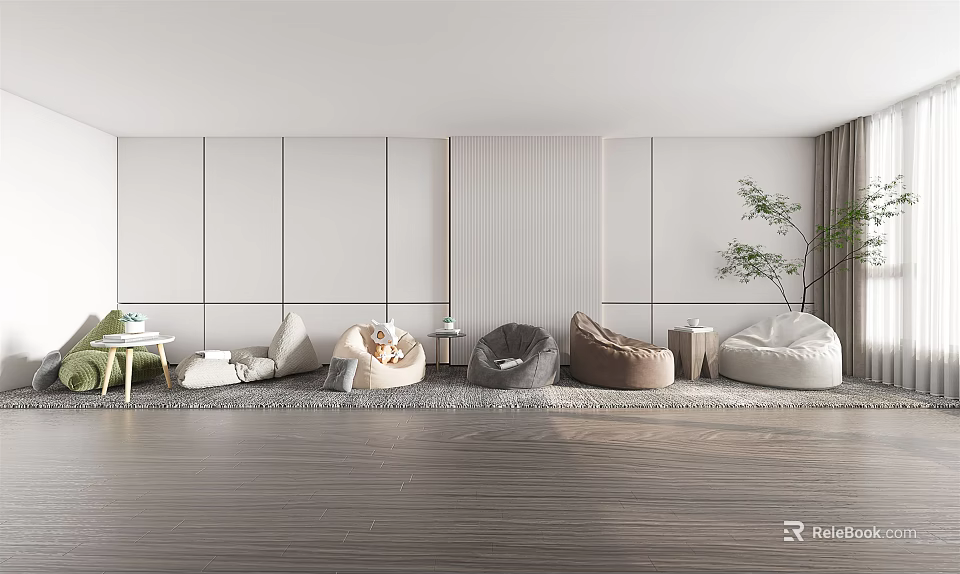 Modern Living Room Interior With Comfortable Bean Bags In Various Styles 3d model 