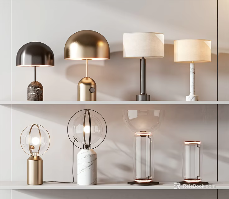 Modern Table Lamps With Various Styles Marble Metal Glass Bases And Fabric Shades On Shelf 3d model 