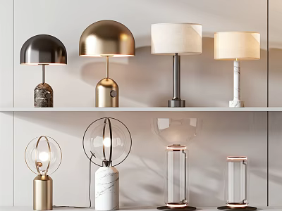 Modern Table Lamps With Various Styles Marble Metal Glass Bases And Fabric Shades On Shelf 3d model