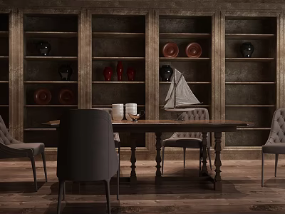 Classic Long Table And Chairs Set In Room With Dark Wooden Bookshelves Plates And Vases 3d model