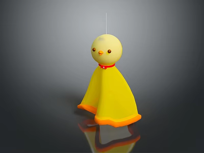 Small Green Plant Next To Yellow Chicken Doll With Red Bow On Dark Surface 3d model