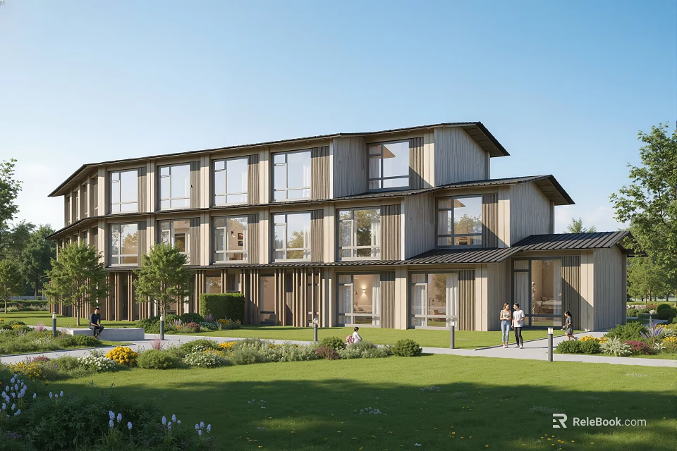 Modern Multi Story Guesthouse Building With Wooden Exterior Large Windows Lush Greenery And Lawn 3d model 