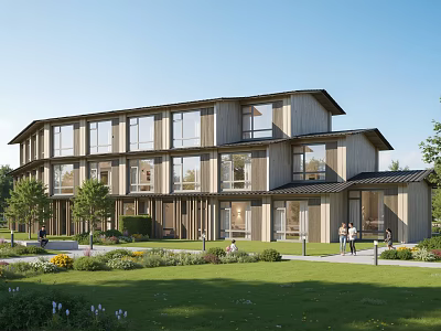 Modern Multi Story Guesthouse Building With Wooden Exterior Large Windows Lush Greenery And Lawn 3d model