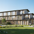 Modern Multi Story Guesthouse Building With Wooden Exterior Large Windows Lush Greenery And Lawn