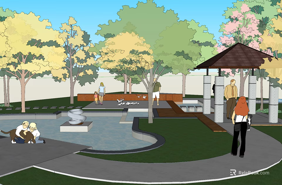 Scenic Park Landscape With Colorful Trees Pond Sculpture Pavilion And People Relaxing 3d model 