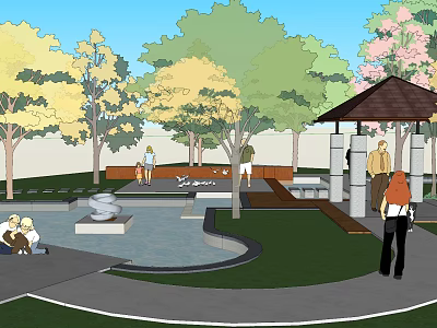 Scenic Park Landscape With Colorful Trees Pond Sculpture Pavilion And People Relaxing 3d model