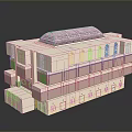 Abstract 3D Model With Stacked Geometric Blocks Pink Beige White Layers And Grid Textured Top