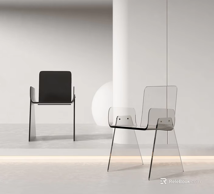 Modern Single Chairs With Transparent Acrylic And Black Backrest In Minimalist White Interior 3d model 