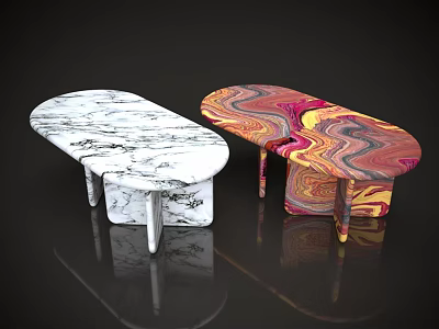 Modern Oval Dining Tables With White And Colorful Marble Texture Design 3d model