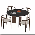 Modern Round Wooden Dining Table and Four Upholstered Chairs with Fruit Bowl and Magazine