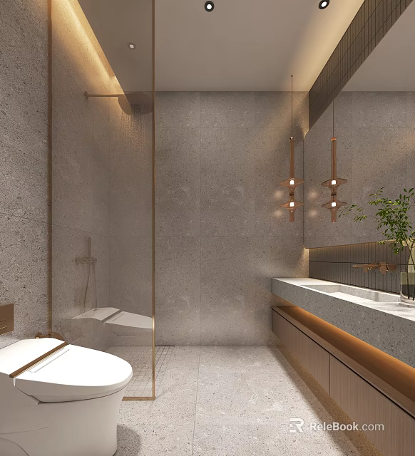 Modern Sleek Bathroom Featuring Gray Stone Walls Shower Toilet Vanity Pendant Lights Green Plant 3d model 