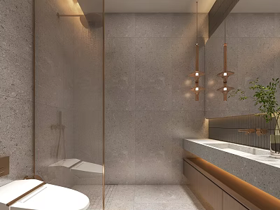 Modern Sleek Bathroom Featuring Gray Stone Walls Shower Toilet Vanity Pendant Lights Green Plant 3d model