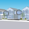 Modern Commercial Street Featuring Glass Facades Circular Structures And Greenery With Trees
